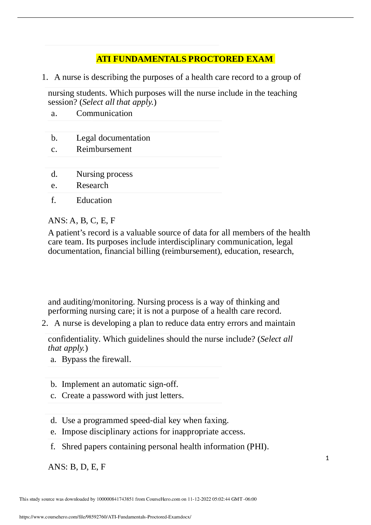 Preview image for ATI Fundamentals Proctored Exam 2022